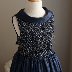 Girl's Silk Dress UNIQUE Smocked Navy Beaded Embroidery Size 8 Special Occasion